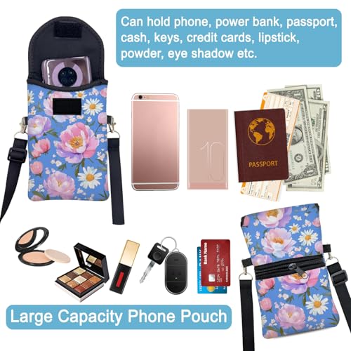Image of Neoprene Cell Phone Sleeve Pouch Case Bag with Crossbody Strap Neck Lanyard for Women 7.5 X 4.3 in Sky Blue Flower