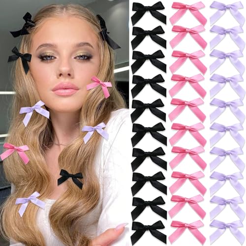 SAWINDA 30PCS Mini Hair Bows Set Small Alligator Bowknot Hair Ribbon Hair Barrettes for Teens Cute Black Bow Clips for Thick Thin Hair Hair Accessories for Women Girls