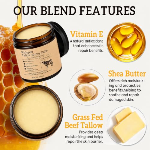 Image of Beef Tallow for Skin: Organic Grass-Fed Tallow Face Cream with Manuka Honey, Olive Oil, Jojoba Oil & Vitamin E, Non-Greasy Face and Body Moisturizer, 4 oz