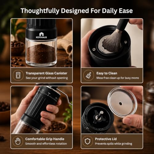 Image of KOFIHAUS Manual Coffee Grinder - Adjustable Conical Burr Hand Grinder with Precision Grind Settings for Espresso, Pour Over, French Press - Compact & Portable Design