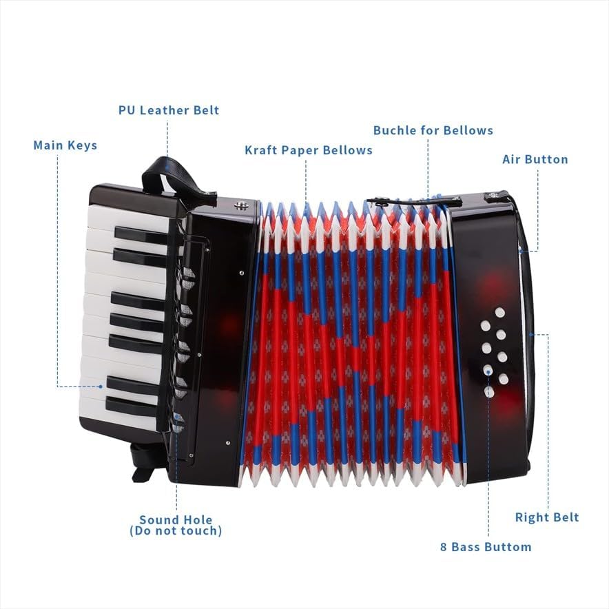 Kids Accordion, 17 Key Mini Accordion Instrument with Retractable Leather Strap for Children Beginners
