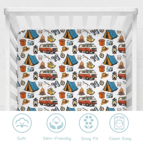 Image of Vintage Camping Hiking Baby Crib Sheet 52''x28'' Outdoor Camp Snug Fitted Crib Mattress Cover for Boy Girl Campfire Soft Nursery Baby Bed Sheet for Standard Crib and Toddler Mattresses