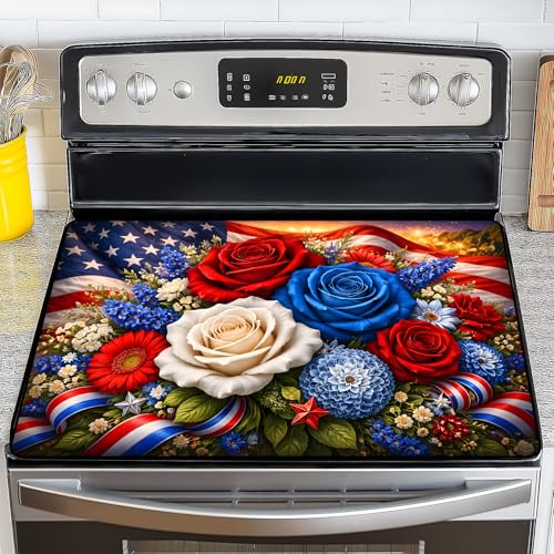Image of Stove Top Covers for Electric Stove, Glass Stove Top Cover 28.5x20.5 in | Heat Resistant, Non-slip, Use on Electric or Ceramic Stove Protector, Dish Drying Mat, Floral Kitchen Decor
