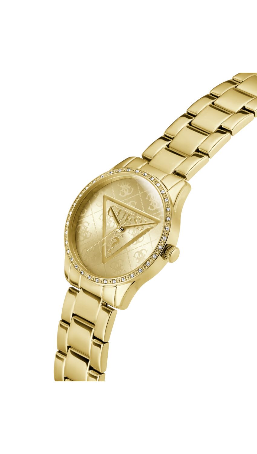 Guess Damen Armbanduhr Roxy mit Zirkonia, goldfarbenes Edelstahlarmband, Mineral Glas, goldfarbenes Ziffernblatt, 3 Bar, Gehäusedurchmesser: 36 mm, GW0987L2