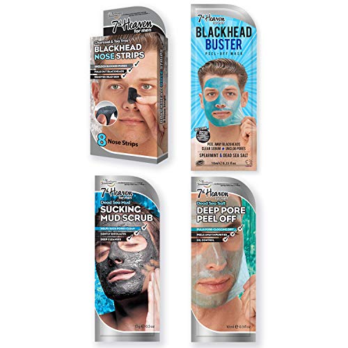 7th Heaven Skin Deep Detox 4-piece Bundle for Men, Skincare Products for Men, Blackhead Nose Strips + Peel Off Masks for Pores, Blackheads, includes Dead Sea Mud Scrub Mask