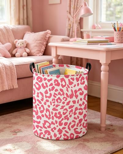 Image of Pink Leopard Print Hamper,Baby Laundry Hamper,Waterproof Collapsible Baby Storage Baskets for Kid Room Decor,Clothes Organizer Basket,Gift Baskets(Pink Leopard Print)