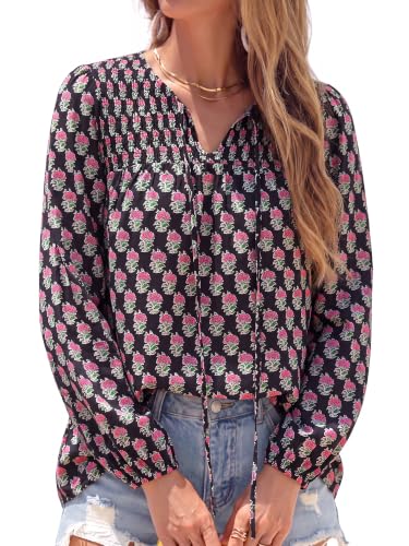 KIRUNDO Boho Tops for Women Trendy 2026 Fall V Neck Floral Peasant Blouse - image 6