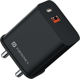Portronics 20W Adapto 20B Dual Port (Type C PD & USB-A) Fast Charging Adaptor, Smart Protection Chip, Wide Compatibility, USB-A Output, Type C PD Output, Best for iPhone/Samsung/Oneplus (Black)