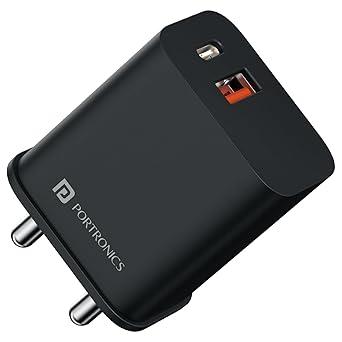 Portronics 20W Adapto 20B Dual Port (Type C PD & USB-A) Fast Charging Adaptor, Smart Protection Chip, Wide Compatibility, USB-A Output, Type C PD Output, Best for iPhone/Samsung/Oneplus (Black)