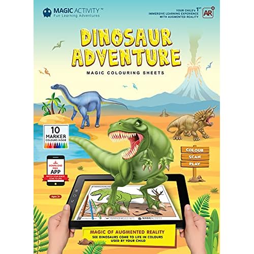 Dinosaur Adventure Augmented Reality Coloring Book w/ Educational Learning Activities for Kids Ages 4-8 - Bring Dinosaurs to Life (10 Washable Markers & App Included)