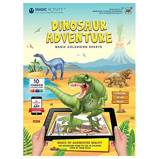 Dinosaur Adventure Augmented Reality Coloring Book w/ Educational Learning Activities for Kids Ages 4-8 - Bring Dinosaurs to Life (10 Washable Markers & App Included)