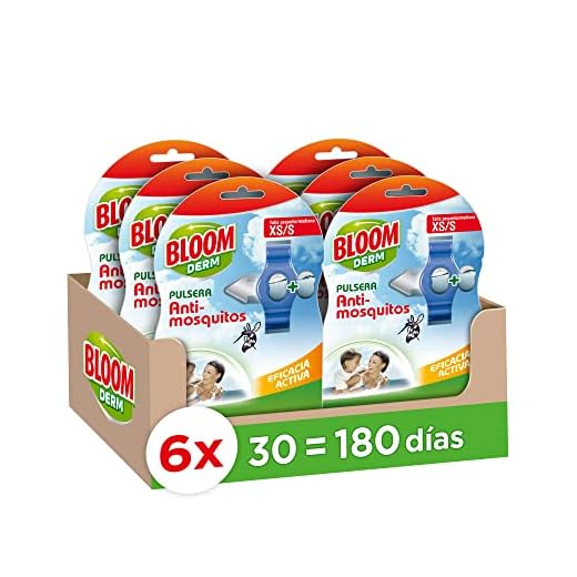 Bloom Derm Pulsera repelente de insectos, protección contra mosquitos, incluido mosquito tigre, pulsera para niños, talla XS/S, pack de 6 unidades y 12 recambios