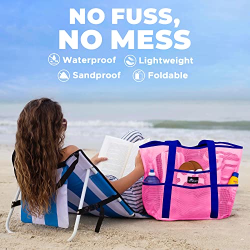 Dejaroo - Mesh Beach Bag, Lightweight Mesh Tote Bag With 8 Pockets For Vacation Essentials, Foldable Beach Bag For Travel, Beach Travel Essentials, 16.5 X 8.5 X 15 Inches, Pink With Blue Straps #TOP6