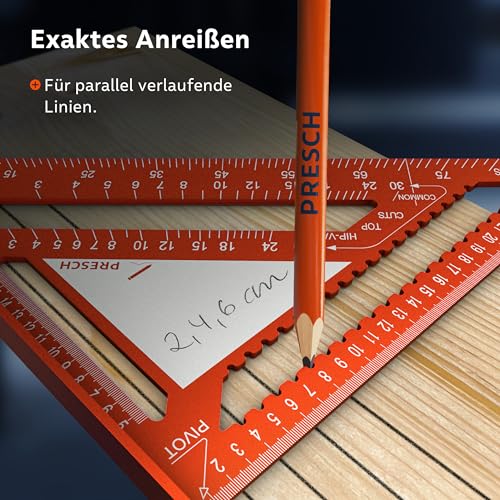 Presch Zimmermannswinkel 300mm - Innovative, abwischbare Notizfläche - Hochpräzise gefrästes Aluminium für dauerhaft exakte 90° Winkel - Sorgfältig verarbeitete, widerstandsfähige Beschichtung