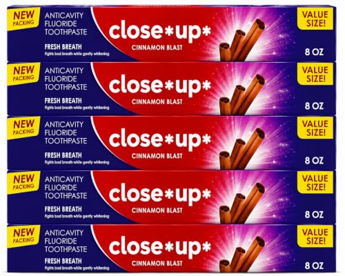 Close up* Toothpaste, Refreshing Red Gel, Anticavity Fluoride, Cinnamon, 8 Ounce, Pack of 5