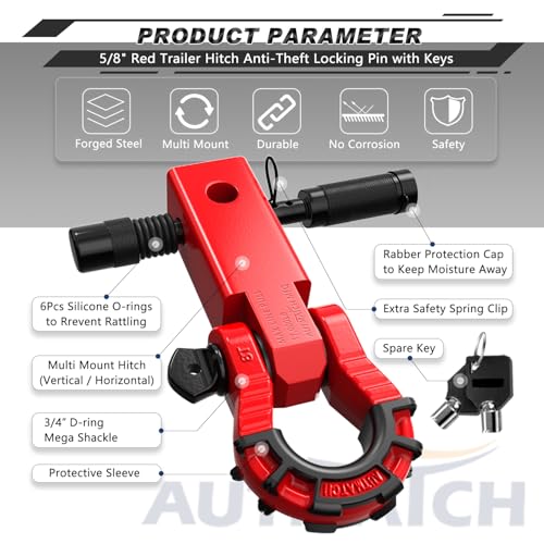 AUTMATCH Shackle Hitch Receiver 2" with 3/4" Mega D Ring Shackle and 5/8" Trailer Hitch Lock Pin, 68,000 Lbs Break Strength Heavy Duty Receiver Towing Kit for Off-Road Vehicle Recovery, Red by AUTMATCH - Image 6