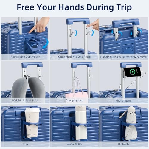 Hard Shell Suitcases Expandable Travel Luggage Sets 3 Piece, Carry on and Check in 3 Piece Luggage Suitcase Sets with Spinner Wheels Cup Holder Charger Built in (Interstellar Blue, 20/24/28)2