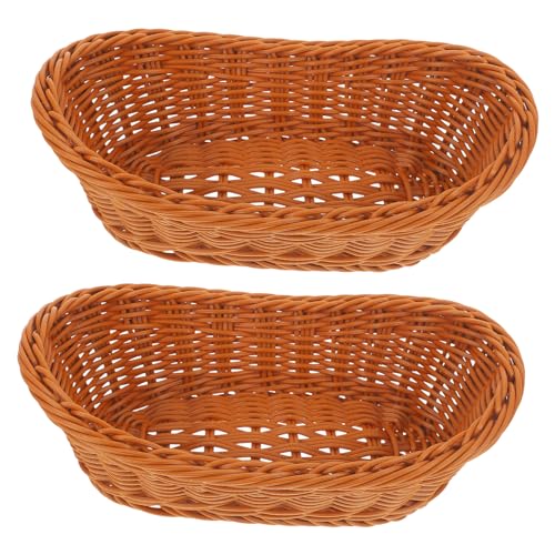 ABOOFAN 2Pcs Wicker Fruit Basket Woven Bread Basket Fengshui Ingots Shaped Snack Bowl Stackable Fast Food Basket Plastic Vegetable Serving Basket for Candy Cake Burgers Sandwiches Fries 26cm