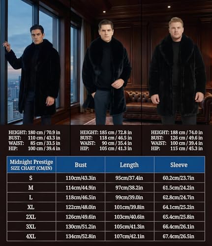 Image of Long Faux Fur Coat Outwear Black Winter Parka Overcoat for Men