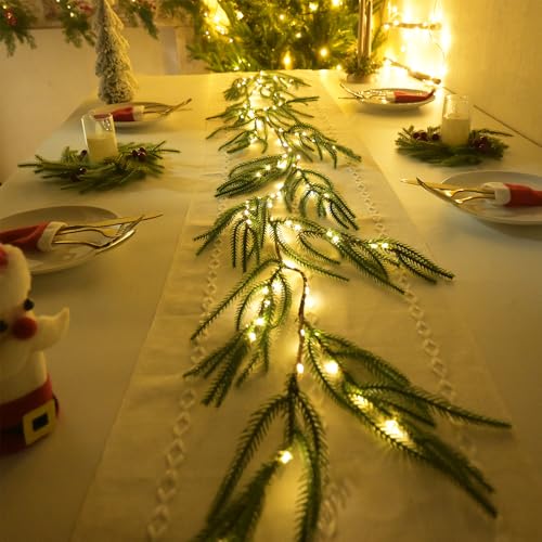 Image of 2025 New Christmas Norfolk Garland Lights 6.56FT Pine Garlands 96 LED 8 Flash Modes Battery Operated Xmas Garland Lights with Timer Lighted Christmas Decorations for Mantle Fireplace Door Home Holiday