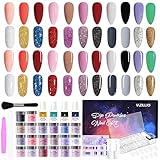 VAZILLIO 31 Pcs Dip Powder Nail Kit Starter 20 Colors Nude Light Pink Glitter Acrylic Dipping Powders System with 100 Pcs Coffin Nails Tips, Base/Top Coat Activator, Dip Nail Kit for French Nail DIY Salon Gifts for Women