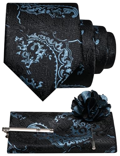 Jemygins Ensemble Cravate pour Homme avec Pochon, Pince à Cravate et Fleur à Boutonnière à Motif Baroque Multicolore pour Mariage et Business, gris/bleu,...
