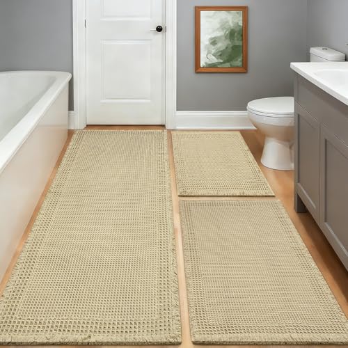 Waffle Bath Mat, Modern Woven Absorbent Non Slip Bathroom Rugs, Machine Washable Bath Rugs, Quick-Drying Bathroom Mats, Boho Tassel Style Suitable For Bathroom Floor, Brown, 24"X17"+36"X24"+48"X24"
