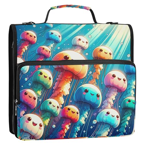 1.5インチバインダー 3リング 高耐久 遊び心のあるキュートでカラフルなクラゲ ジップアップバインダーオーガナイザー キーパーバインダーバッグ ストラップ付き 学校漫画ポートフォリオ用 500枚ホルダー