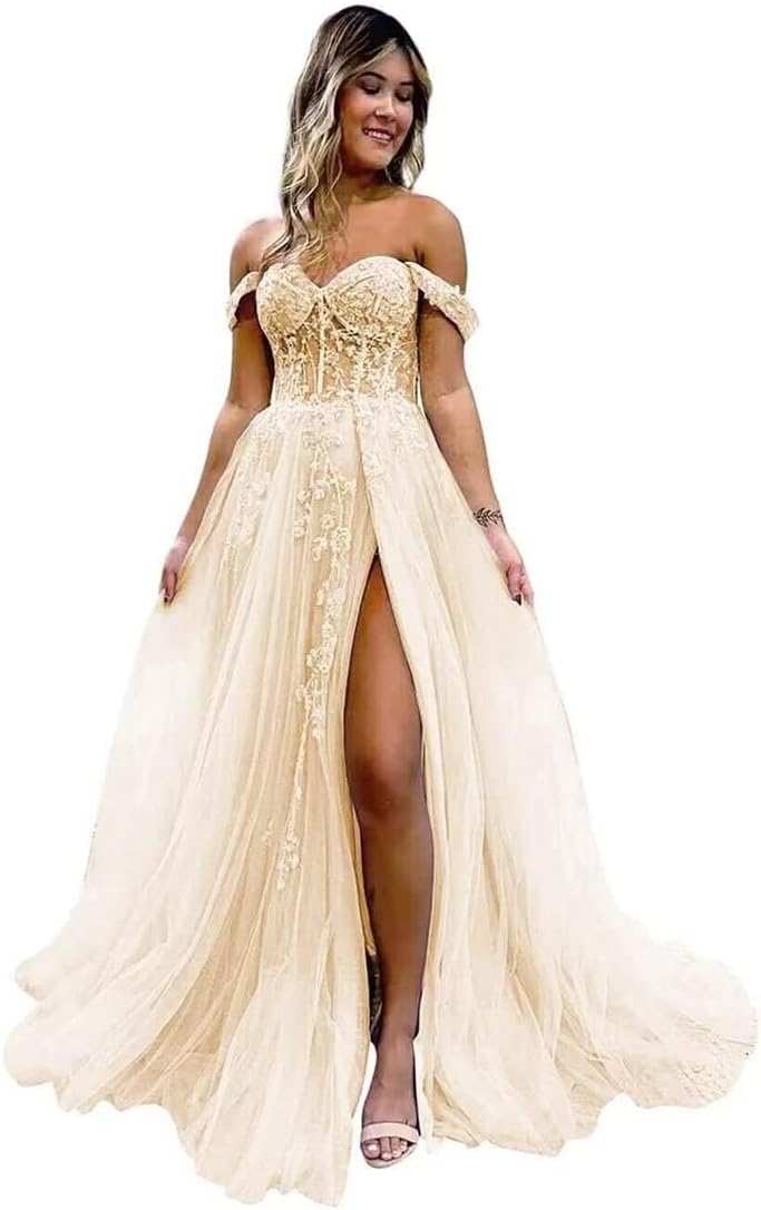 Women's Lace Applique Tulle Prom Dresses Long Ball Gown A Line Off Shoulder Evening Party Gown with Slit LA14