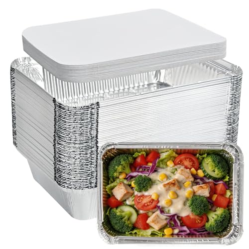 Aluminum Foil Pans with Lids (20 Pack, 8.5"×6.3") 2.25 LB Capacity Foil Food Containers with Lids 20 Pans and 20 Cardboard Covers -Heat Proof Foil Tins for Meal Prep, Take Out, Freezer Meals