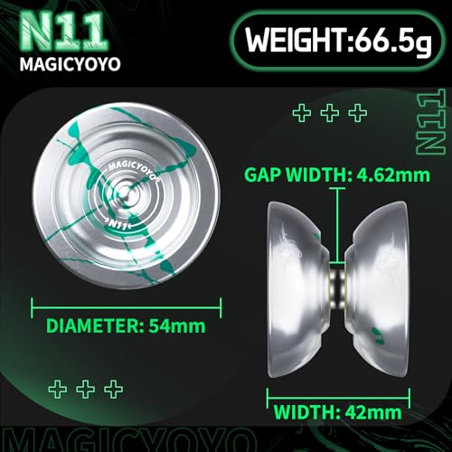 Image of MAGICYOYO N11 Professional Unresponsive Yoyo N11 Dual Purpose Alloy Trick YoYo Ball with Bag, Glove, 12 Yoyo Strings and Responsive Bearing Kit -Silver Green
