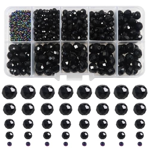 TOAOB 1000 Piezas Cuentas de Vidrio Abalorios Cristal Facetado Checas de 2 mm a 10 mm Redondas Negro Transparent Cristal Abalorios para Manualidades Pulseras Accesorios y Collares Hacer Bisuteria