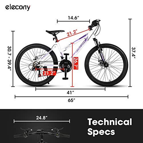 Elecony Hardtail Mountain Bike,26-Inch Wheels Bikes Shimano 21-Speed With High Carbon Steel Frame Mechanical Disc Brakes Front Suspension Fork For Men Womens Multicolored, S26103White #TOP2