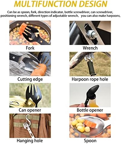 Camping Spork 2PCS, Stainless Steel Fork, Knife, Spoon, Bottle Opener, Tin Opener 8 in 1 Functional Utensil with Cloth Case for Outdoor Hiking Camping Cutlery