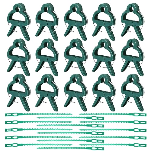 15 Pièces Clips pour Attacher Les Plantes, Clips Vert pour Plantes, Pinces à Roses, Cages D'escalade pour Tomates, Pinces à Bâche, Avec 15pcs Attache Réglable pour Plantes, Serre Câble en Plastique