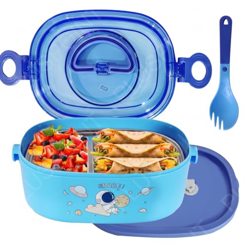 Image of PLUSPOINT Space Theme Stainless Steel Lunch Box for Kids Microwave Safe Insulated Tiffin Box 800ml Cute Cartoon Astronaut Tiffin Box Tableware Set Portable Containers for School Boys, Girls