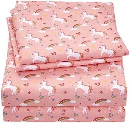 Viviland Unicorn Kids Pink Twin Sheet - Girls Twin Sheet Set with Rainbow Pattern - Kids Printed Twin Microfiber Bed Sheets - Kids Girls Pink Twin Fitted Sheet