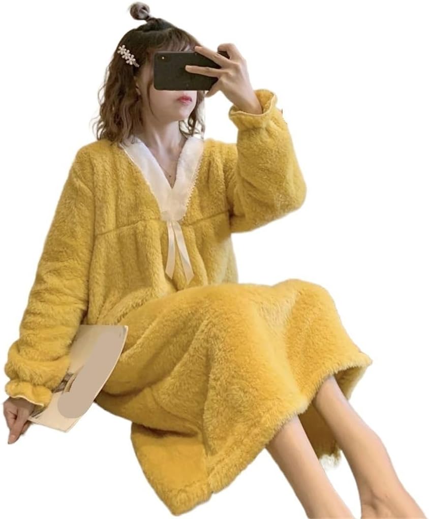 JSEIAJB Yellow Pajamas Women's Winter Warmth Flange Sweet Bow Velvet Long Sleeve(Medium)
