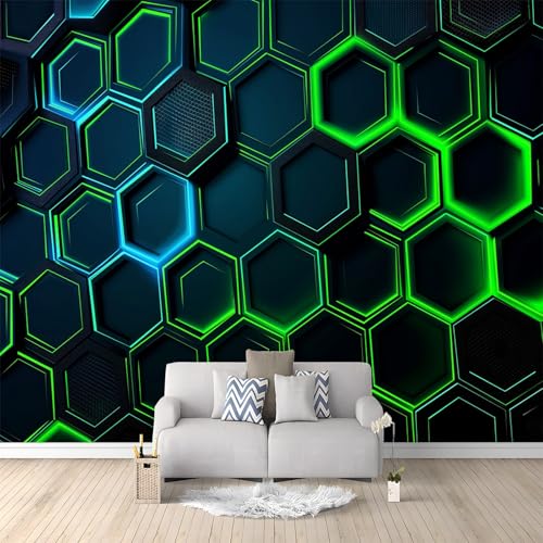 Wallpaper 200 x 140 cm Non-Woven - Murals - Wall - Mural - Photo - 3D - Modern Technology Hexagon Decoration for Living Room Bedroom Restaurant Home Decor Green and Blue