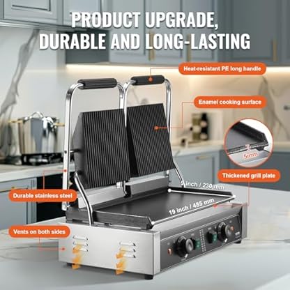 VEVOR kommerzieller Panini-Grill, elektrischer Panini-Sandwich-Maker mit 3600 W, Doppel-Sandwich-Grill aus Edelstahl, Panini-Grill mit Temperaturregelung und emaillierter flacher 19"x9" – Bild 4