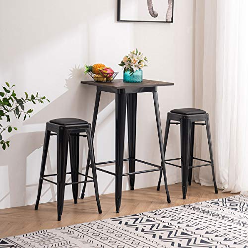 MELLCOM 3-Piece Bar Table and Chairs Set, Dining Table Set for 2, Pub Table and Chairs with PU Leather Cushion and Footrests for Home, Restaurant, Pub Bar, Black