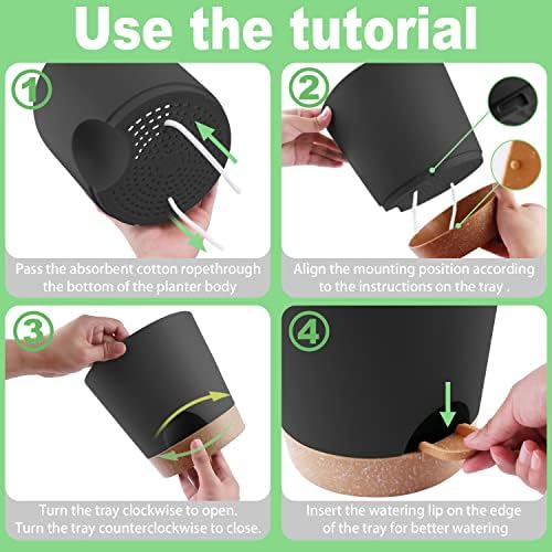 wintfarm 6 Pack Plastic Plant Pots Indoor, 8/7/6.5/6/5.5/5 Inch Modern Self-Watering Planters for Plants, Flower Pots with Drainage Holes and Trays(Black)