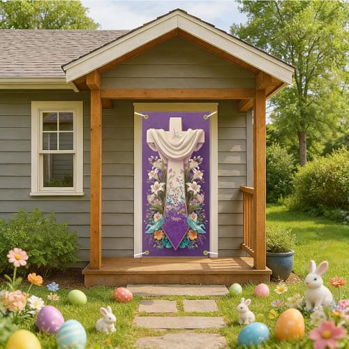 Image of Religious Easter Door Cover Cross and Lilies Banner Jesus Easter Door Decorations for Front Door He Is Risen Outside Home Decor 35.4x71 Inch