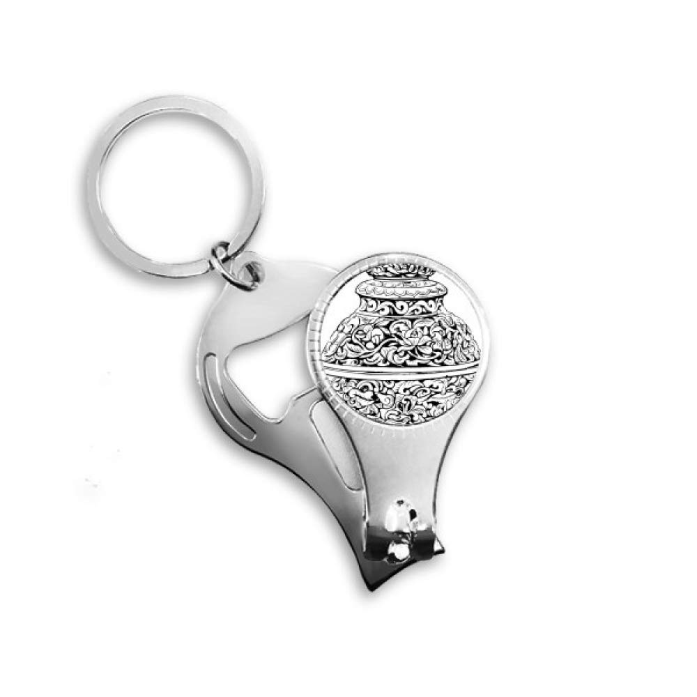 Porte-Clés Vase Dynastie Qing Coupe-Ongles en Métal Gravé Style Asiatique