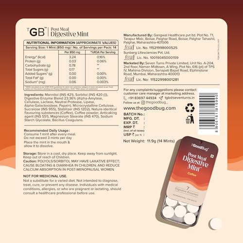 Image of The Good Bug Post Meal Digestive Mints - Coffee| Post Meal Digestion Booster | 7 Digestive Enzymes | Helps Reduce Post-Meal Heaviness, Bloating, Acidity & Discomfort | No Added Sugar | 28 Mints (14 x 2 Packs)