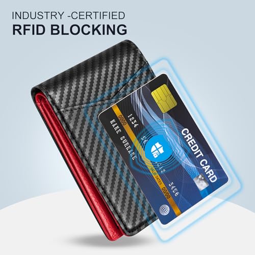GSOIAX Premium Leather Wallet for Men-Handcrafted Vintage Bifold Wallet with 11 Card Slots,3 ID Windows & 2 Cash Pockets RFID Blocking wallet Gift ideas for Him(Carbon Black+Red) — view 4