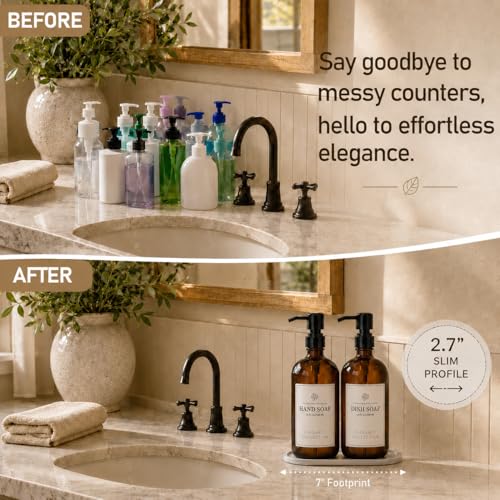 Image of Fachixy Amber Glass Soap Dispenser (2 Pack), 16 Fl Oz Hand & Dish Soap Dispenser Bottles Set with Leak-Resistant Stainless Steel Pump, Non-Slip Pad, 14 Waterproof Labels for Kitchen and Bathroom