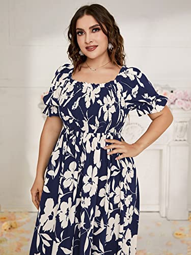 MakeMeChic Women's Plus Size Boho Floral Maxi Dress Curvy Short Sleeve Shirred Squared Neck Flomal Long Dress4