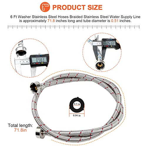 Beaquicy 6 Ft Washer Stainless Steel Hoses Braided Stainless Steel Water Supply Line - Hot and Cold Striped Water Supply Lines for Washing Machine - 2 Pack
