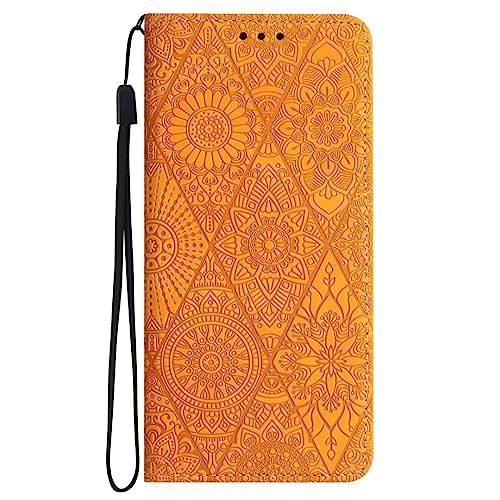 Funda para iPhone Xr, piel sintética de alta calidad, diseño de mandala en relieve, a prueba de golpes, ranura para tarjetas, función atril, magnética, para iPhone Xr, color amarillo